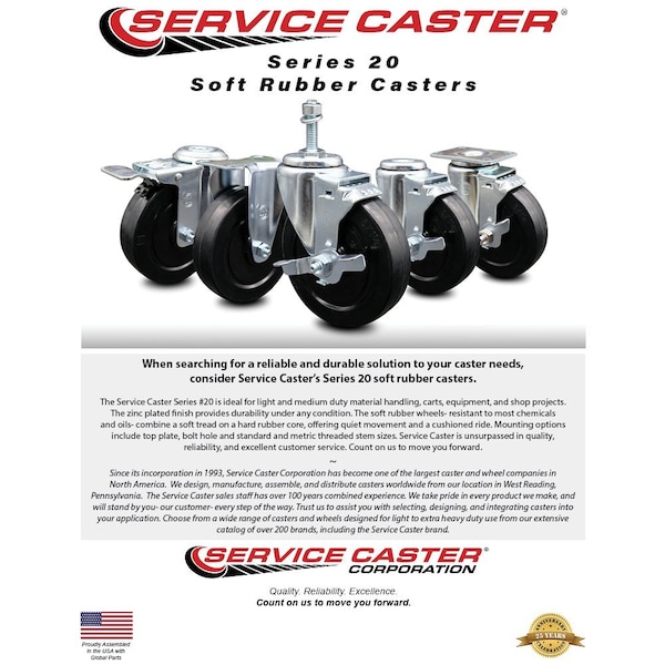 3 Inch Soft Rubber 38 Inch Threaded Stem Caster Set with Brake